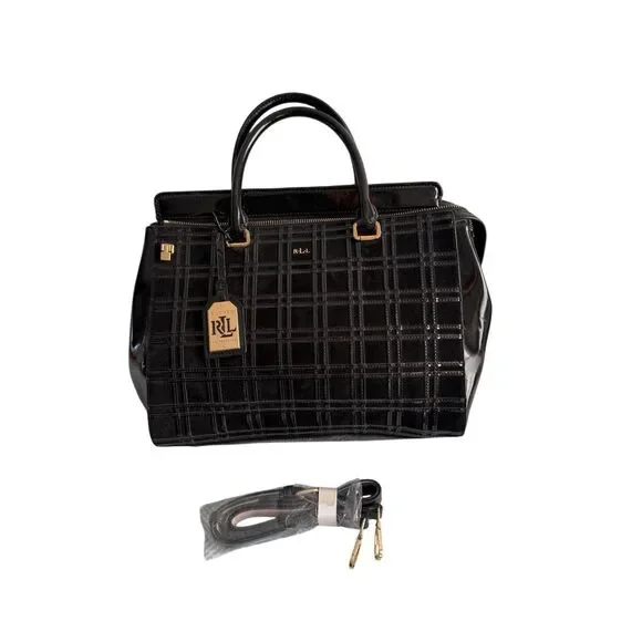 Lauren Ralph Lauren Womens Black Patent Leather Crossbody Satchel Bag Large - Picture 1 of 14